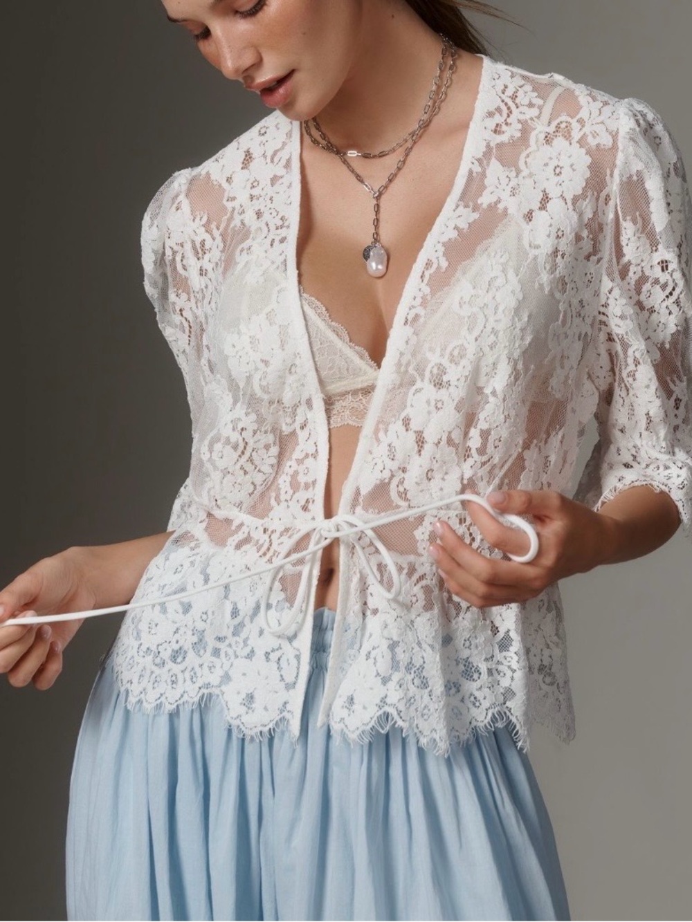Anthropologie White Sheer Lace Tie-Front Wrap NWT